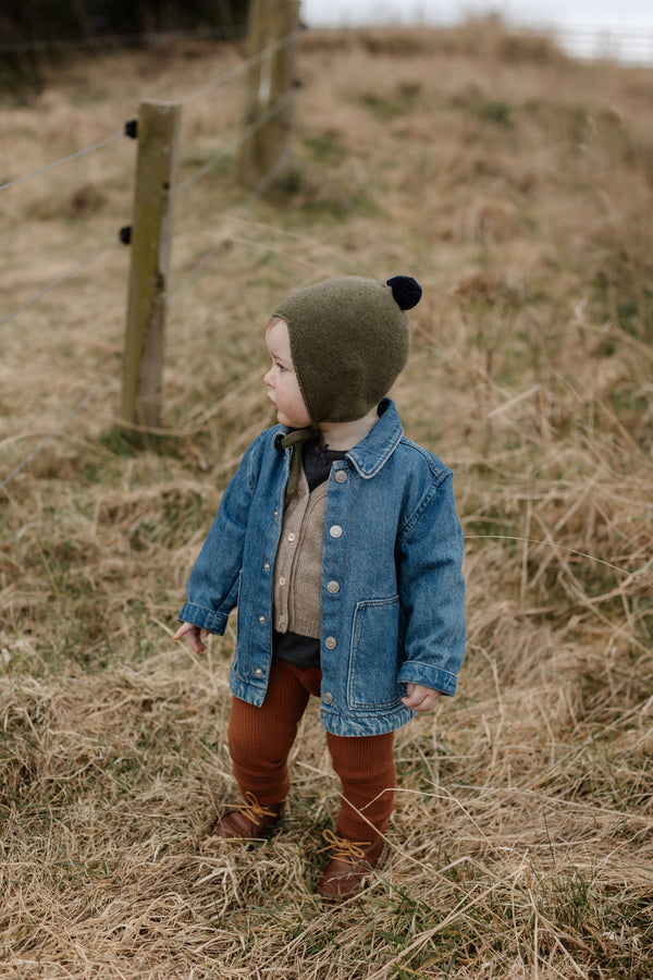 Cashmere Baby Bonnet, Moorland with Blackberry Pom