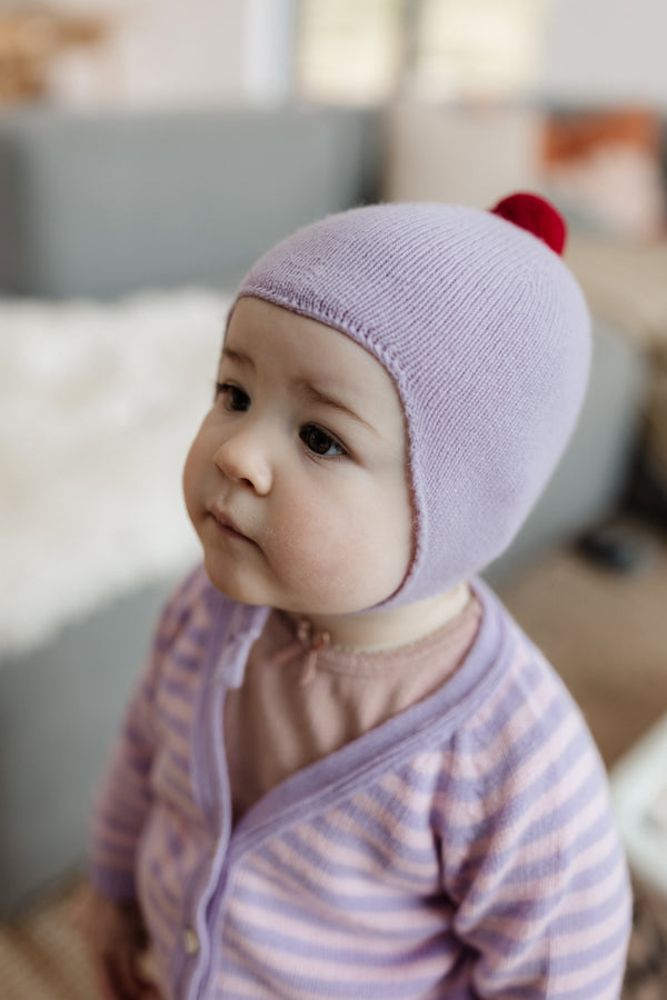 Cashmere Baby Bonnet, Lupin with Chianti Pom