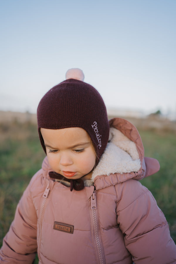 Cashmere Baby Bonnet, Kirsch with Marshmallow Pom