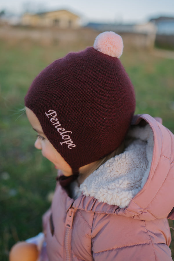 Cashmere Baby Bonnet, Kirsch with Marshmallow Pom