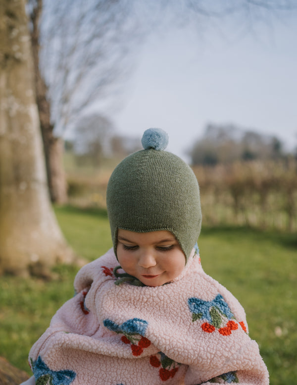Cashmere Baby Bonnet, Ivy with Blue Mist Pom