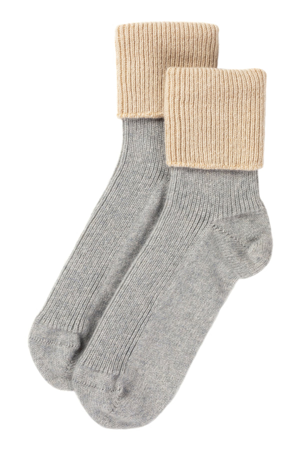 Cashmere Contrast Turnover Bed Socks, Nickel Grey & Linen