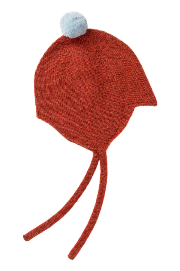 Cashmere Baby Bonnet, Rust with Spa Blue Pom