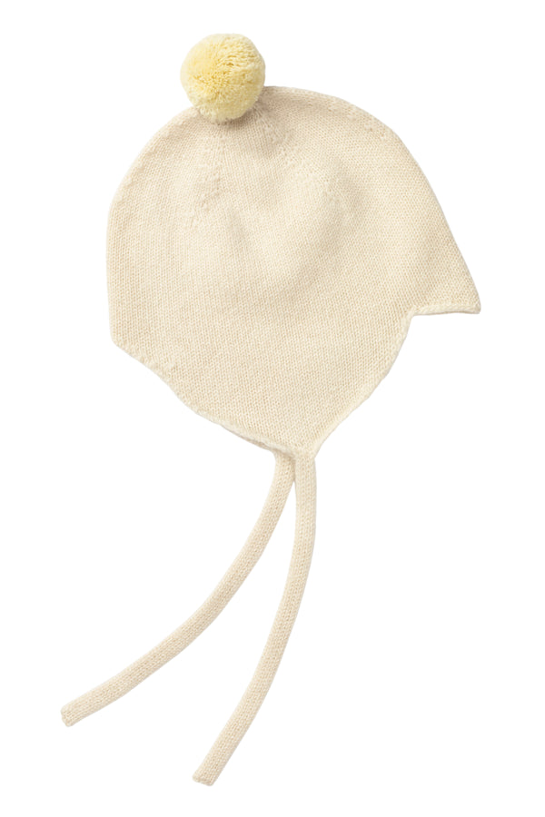 Cashmere Baby Bonnet, Ecru with Lemon Pom