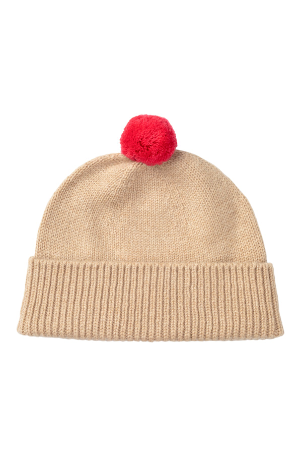 Children's Cashmere Beanie, Camel with Blusher Pom-Pom