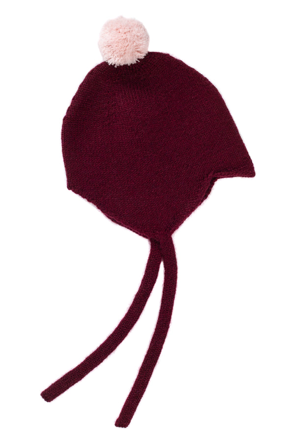 Cashmere Baby Bonnet, Damson with Marshmallow Pom