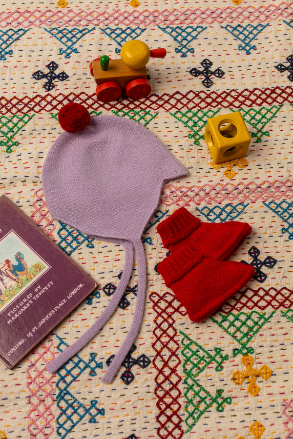 Cashmere Baby Bonnet, Lupin with Chianti Pom