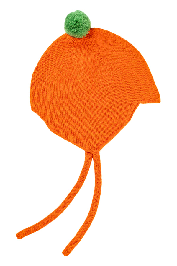 Limited Edition Halloween Cashmere Baby Bonnet, Pumpkin with Fern Pom