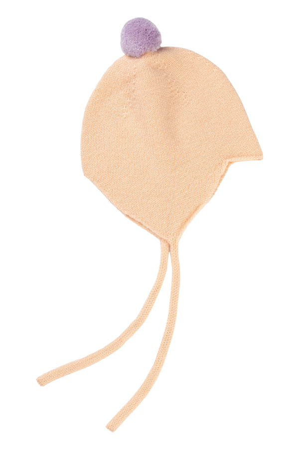 Cashmere Baby Bonnet, Peach with Lupin Pom