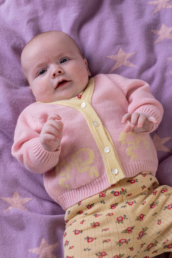 Baby + Children's Contrast-Trim Cashmere Cardigan with Bow Motif, Marshmallow + Lemon