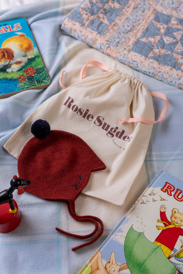 Cashmere Baby Bonnet, Brunette with Blackberry Pom
