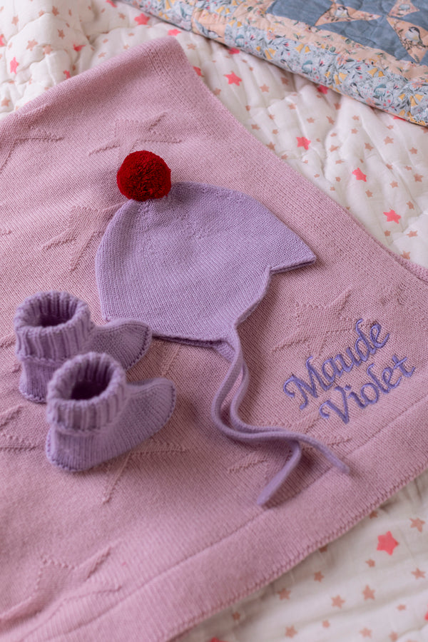 Cashmere Baby Bonnet, Lupin with Chianti Pom