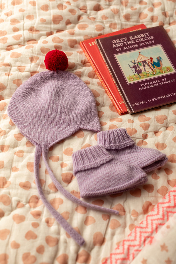 Cashmere Baby Bonnet, Lupin with Chianti Pom