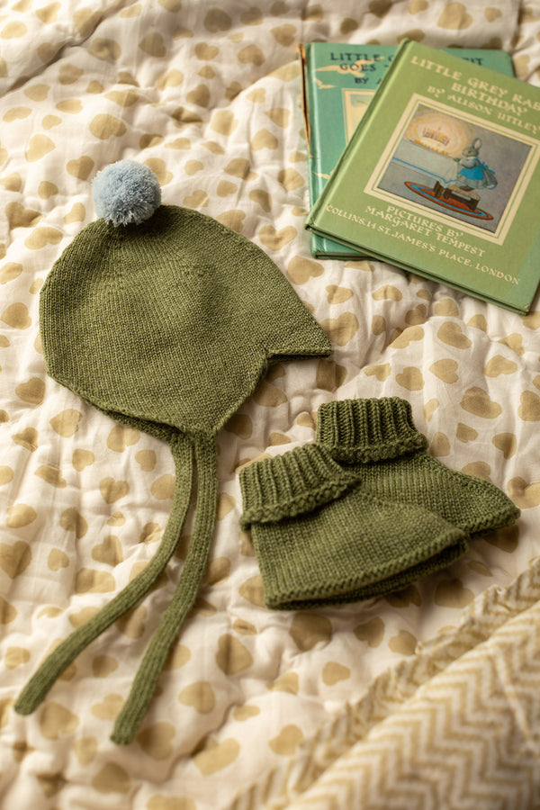 Cashmere Baby Bonnet, Ivy with Blue Mist Pom