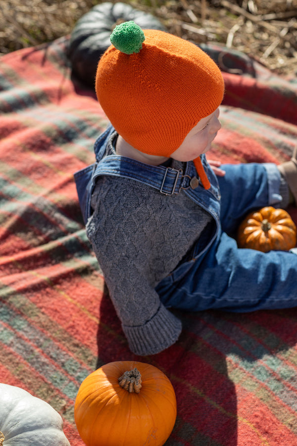 Limited Edition Halloween Cashmere Baby Bonnet, Pumpkin with Fern Pom