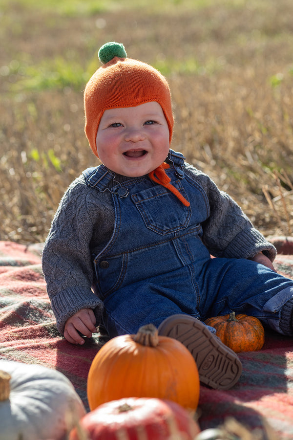 Limited Edition Halloween Cashmere Baby Bonnet, Pumpkin with Fern Pom