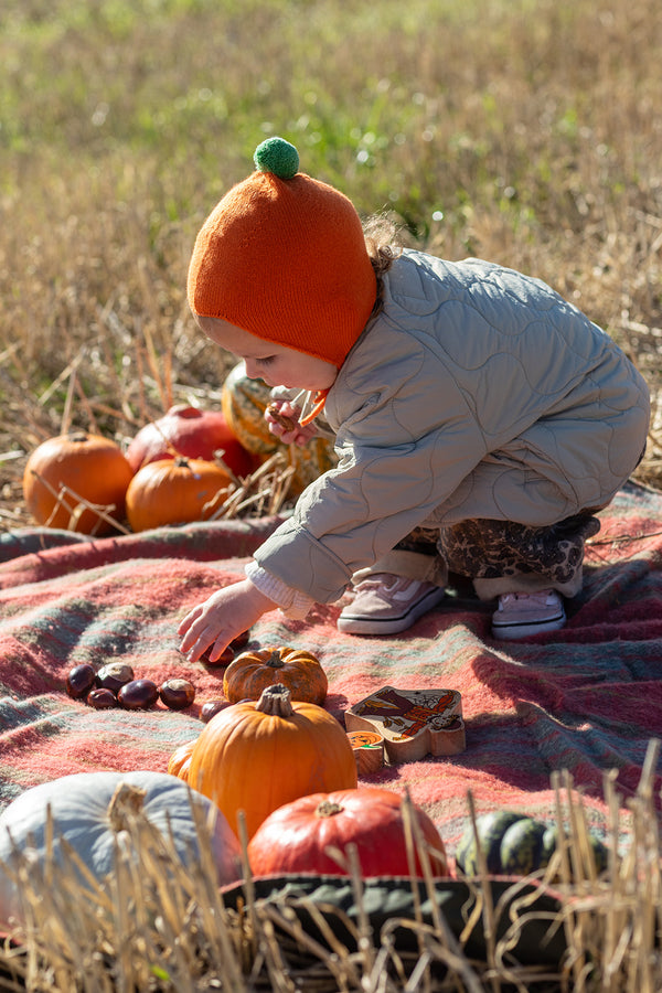 Limited Edition Halloween Cashmere Baby Bonnet, Pumpkin with Fern Pom