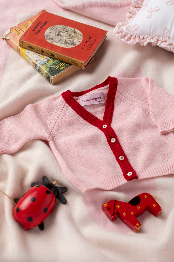 Baby + Children's Contrast-Trim Cashmere Cardigan, Marshmallow + Chianti