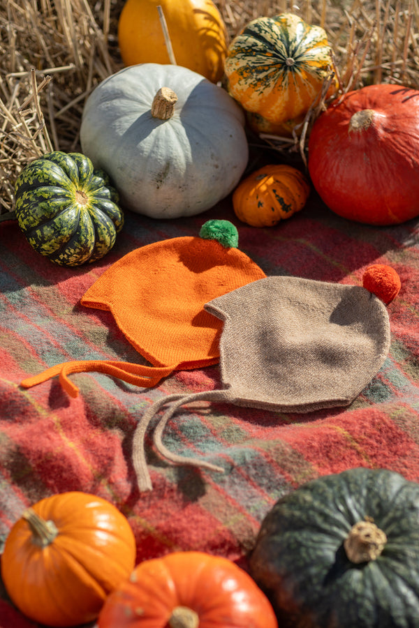 Limited Edition Halloween Cashmere Baby Bonnet, Pumpkin with Fern Pom