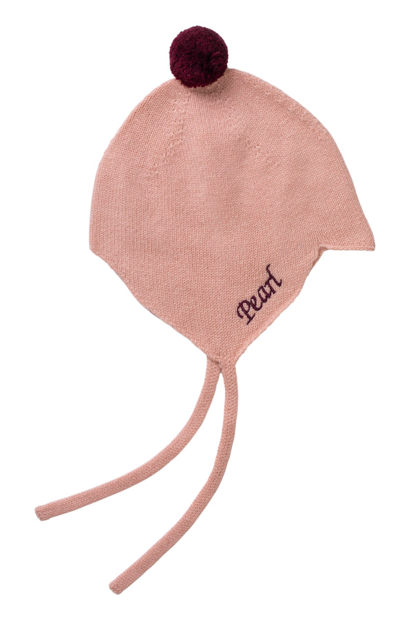 Cashmere Baby Bonnet, Coral with Damson Pom