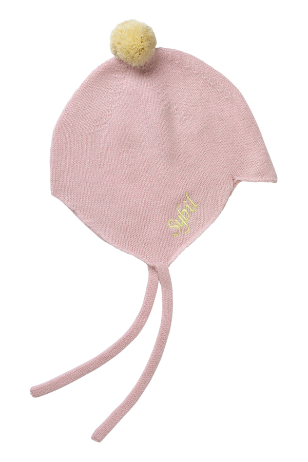 Cashmere Baby Bonnet, Marshmallow with Lemon Pom