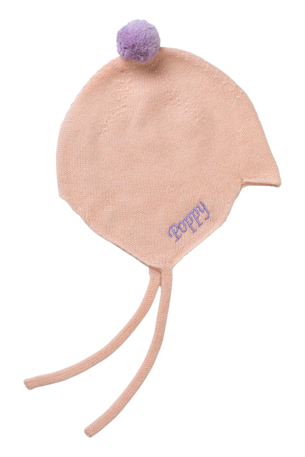 Cashmere Baby Bonnet, Peach with Lupin Pom