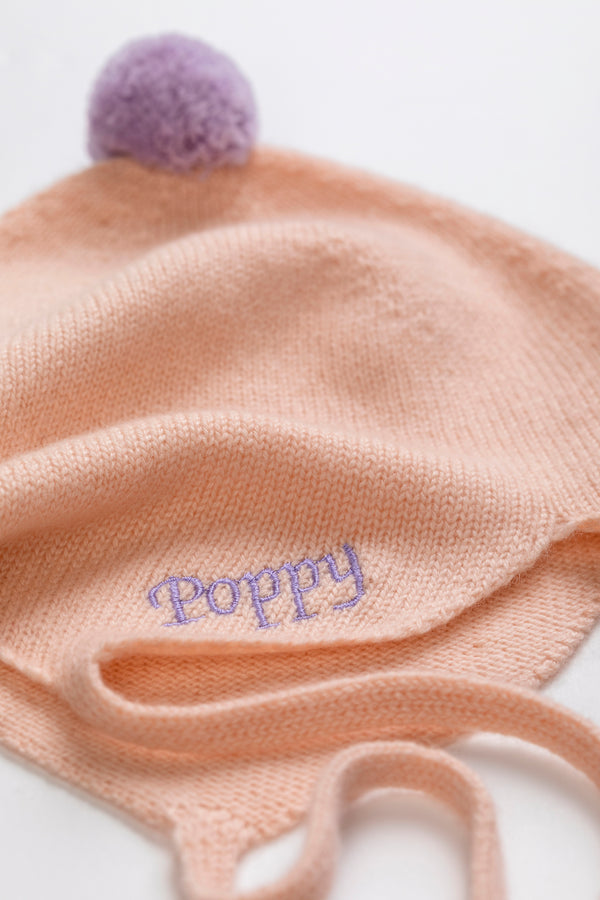 Cashmere Baby Bonnet, Peach with Lupin Pom