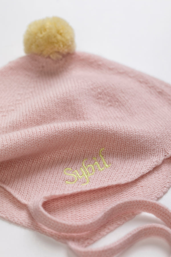 Cashmere Baby Bonnet, Marshmallow with Lemon Pom