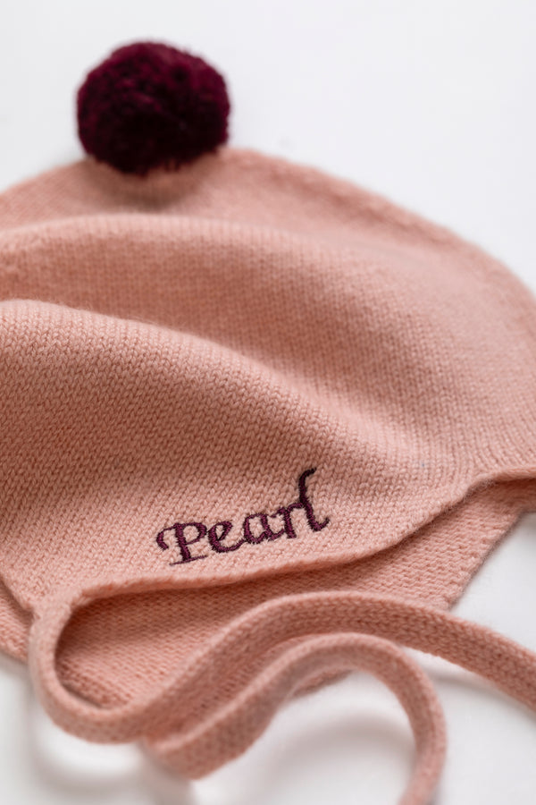 Cashmere Baby Bonnet, Coral with Damson Pom