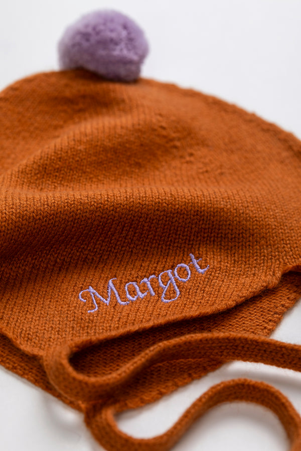 Cashmere Baby Bonnet, Ginger with Lupin Pom
