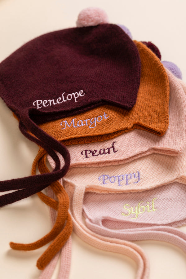 Cashmere Baby Bonnet, Kirsch with Marshmallow Pom