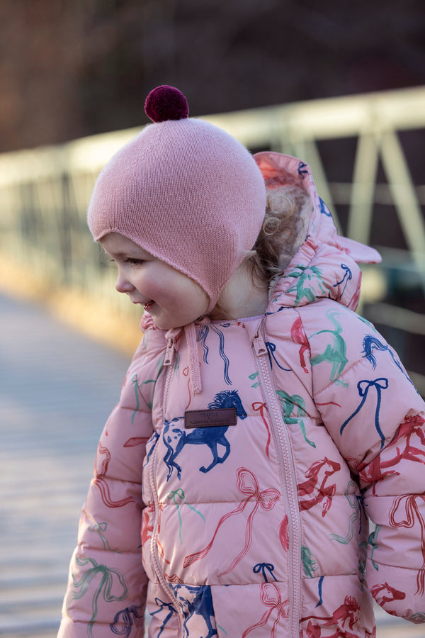 Cashmere Baby Bonnet, Coral with Damson Pom