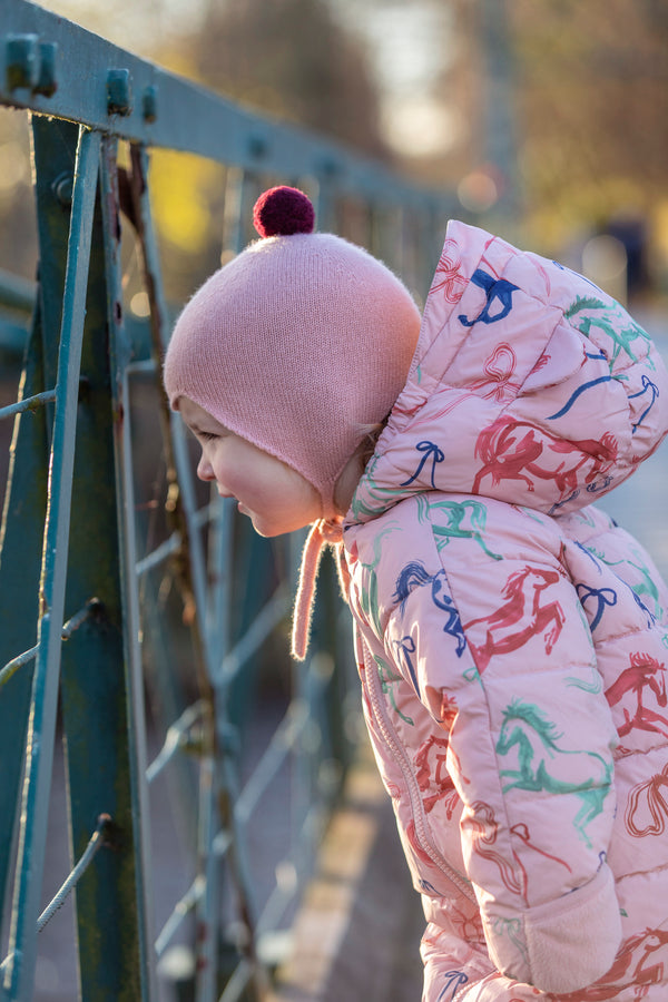 Cashmere Baby Bonnet, Coral with Damson Pom