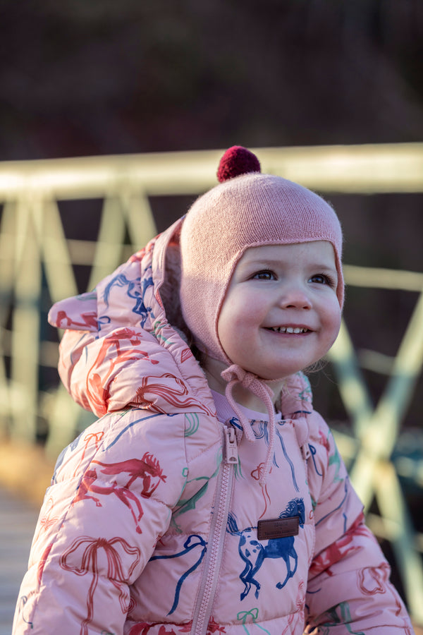 Cashmere Baby Bonnet, Coral with Damson Pom