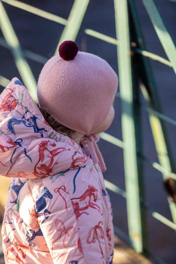 Cashmere Baby Bonnet, Coral with Damson Pom
