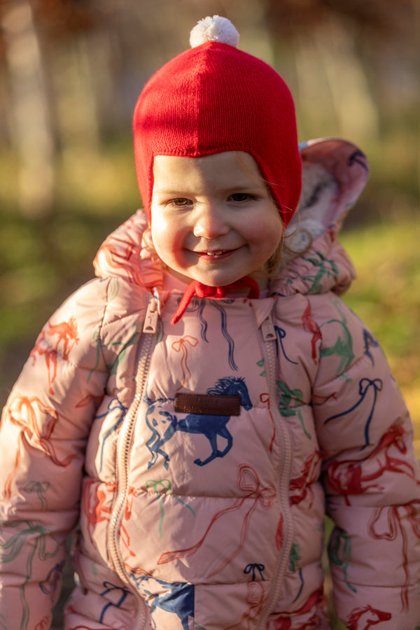 "My First Christmas" Cashmere Baby Bonnet, Festive Red with White Pom