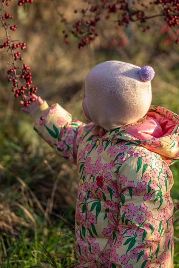 Cashmere Baby Bonnet, Peach with Lupin Pom