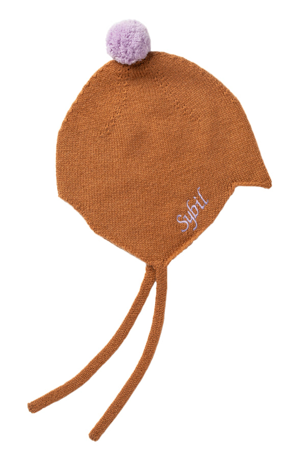 Cashmere Baby Bonnet, Toffee with Lupin Pom