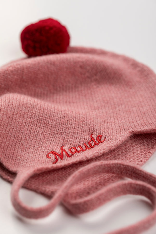 Cashmere Baby Bonnet, Dusky Pink + Chianti Pom