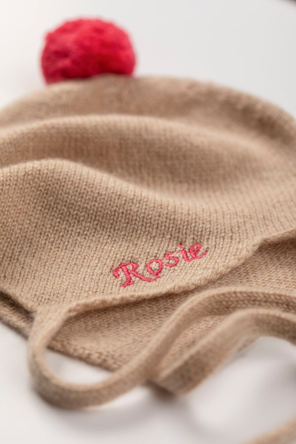 Cashmere Baby Bonnet, Camel with Blusher Pom