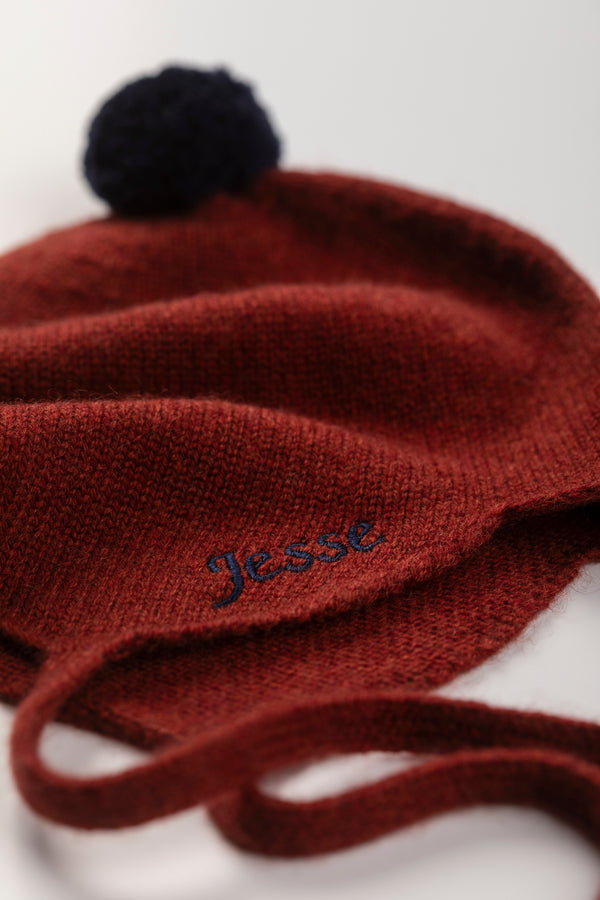 Cashmere Baby Bonnet, Brunette with Blackberry Pom