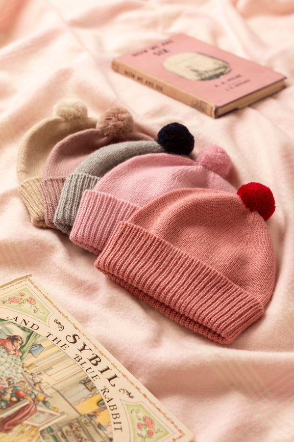 Children's Cashmere Beanie, Nickel with Navy Pom-Pom