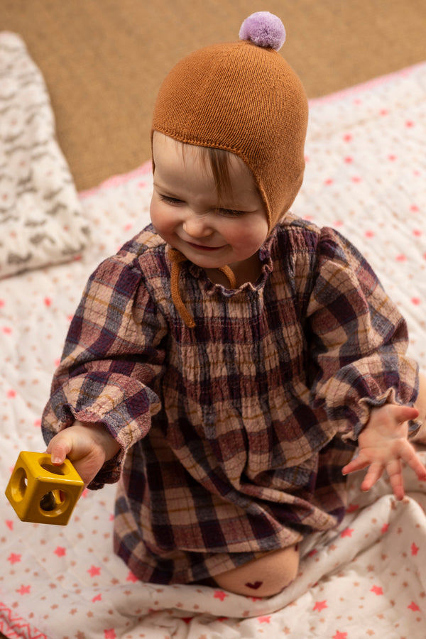 Cashmere Baby Bonnet, Toffee with Lupin Pom