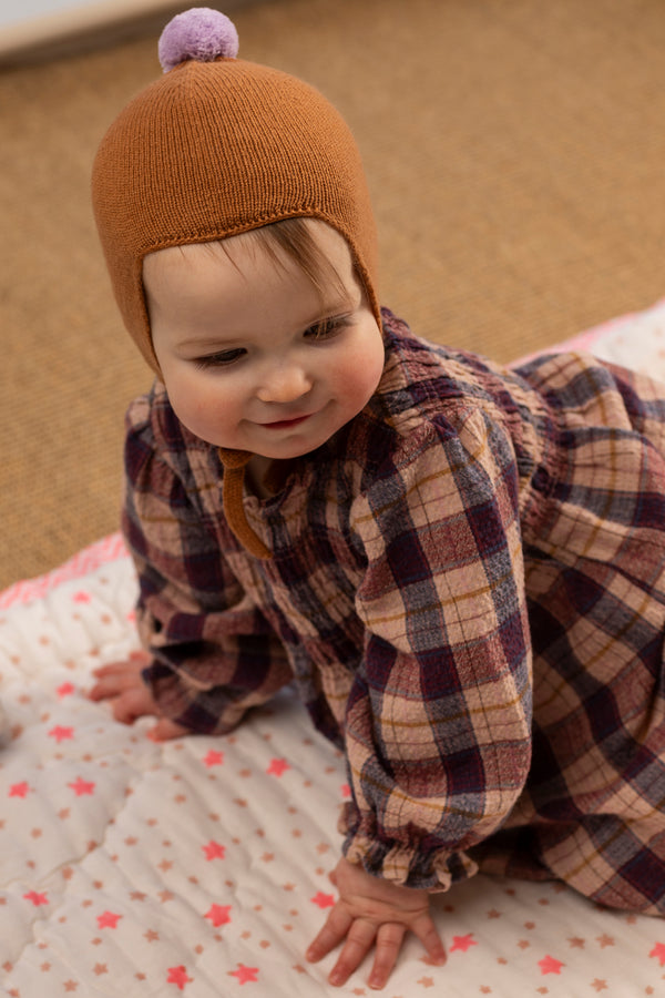 Cashmere Baby Bonnet, Toffee with Lupin Pom