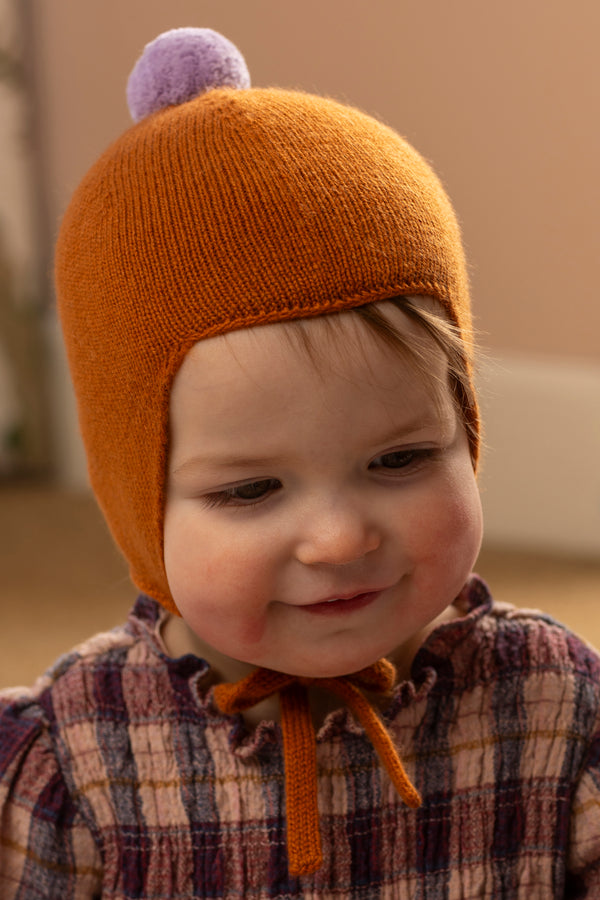 Cashmere Baby Bonnet, Ginger with Lupin Pom