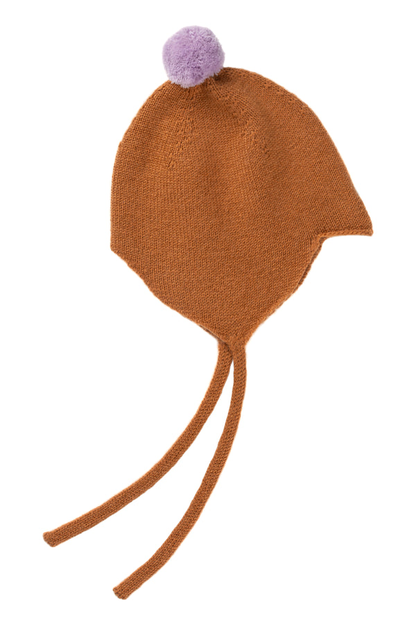 Cashmere Baby Bonnet, Toffee with Lupin Pom