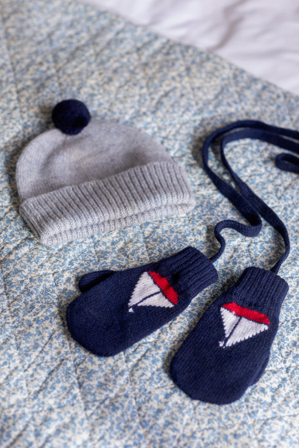 Children's Cashmere Beanie, Nickel with Navy Pom-Pom