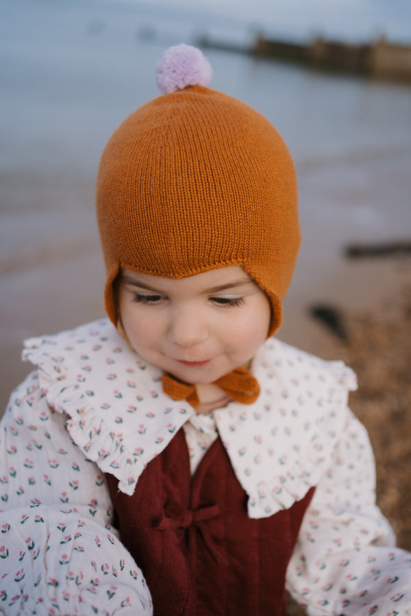 Cashmere Baby Bonnet, Ginger with Lupin Pom