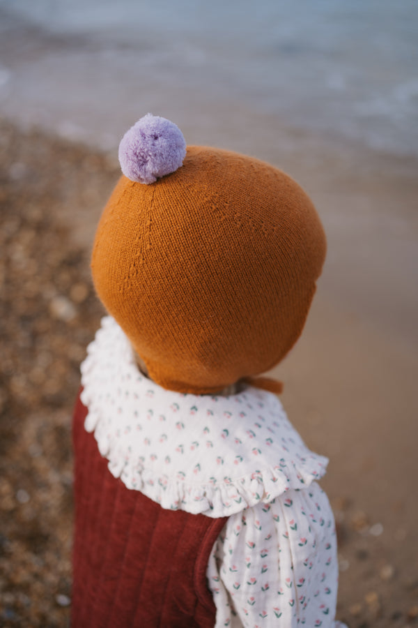 Cashmere Baby Bonnet, Ginger with Lupin Pom