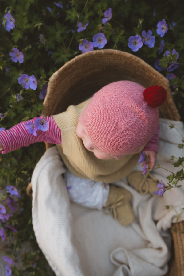 Cashmere Baby Bonnet, Dusky Pink + Chianti Pom